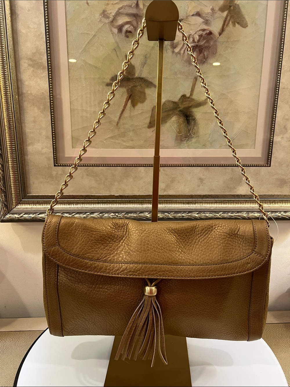 Talbots Gold Leather Tassel Shoulder Bag with Gold Chain